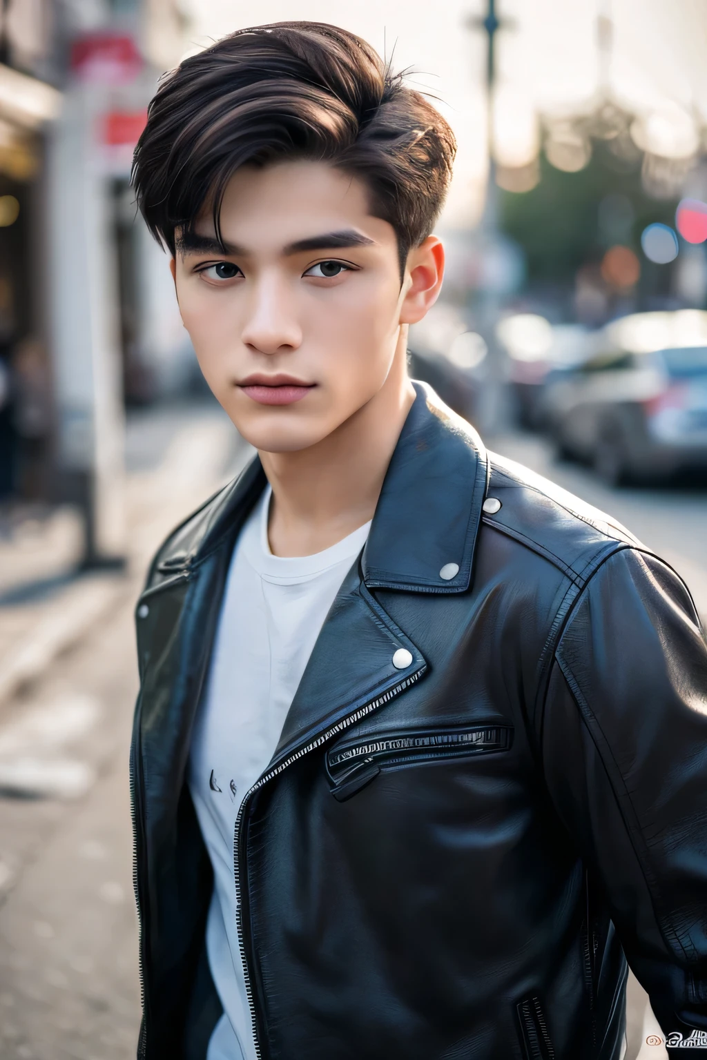 Highest quality, masterpiece, Ultra-high resolution, (Realistic: 1.4), Original photo, wallpaper, Head Photo, skin, Simple Background, Iris, detailed, Selfie, 1 boy, 18-year-old, good looking, Wind,Leather jacket、Street Corner