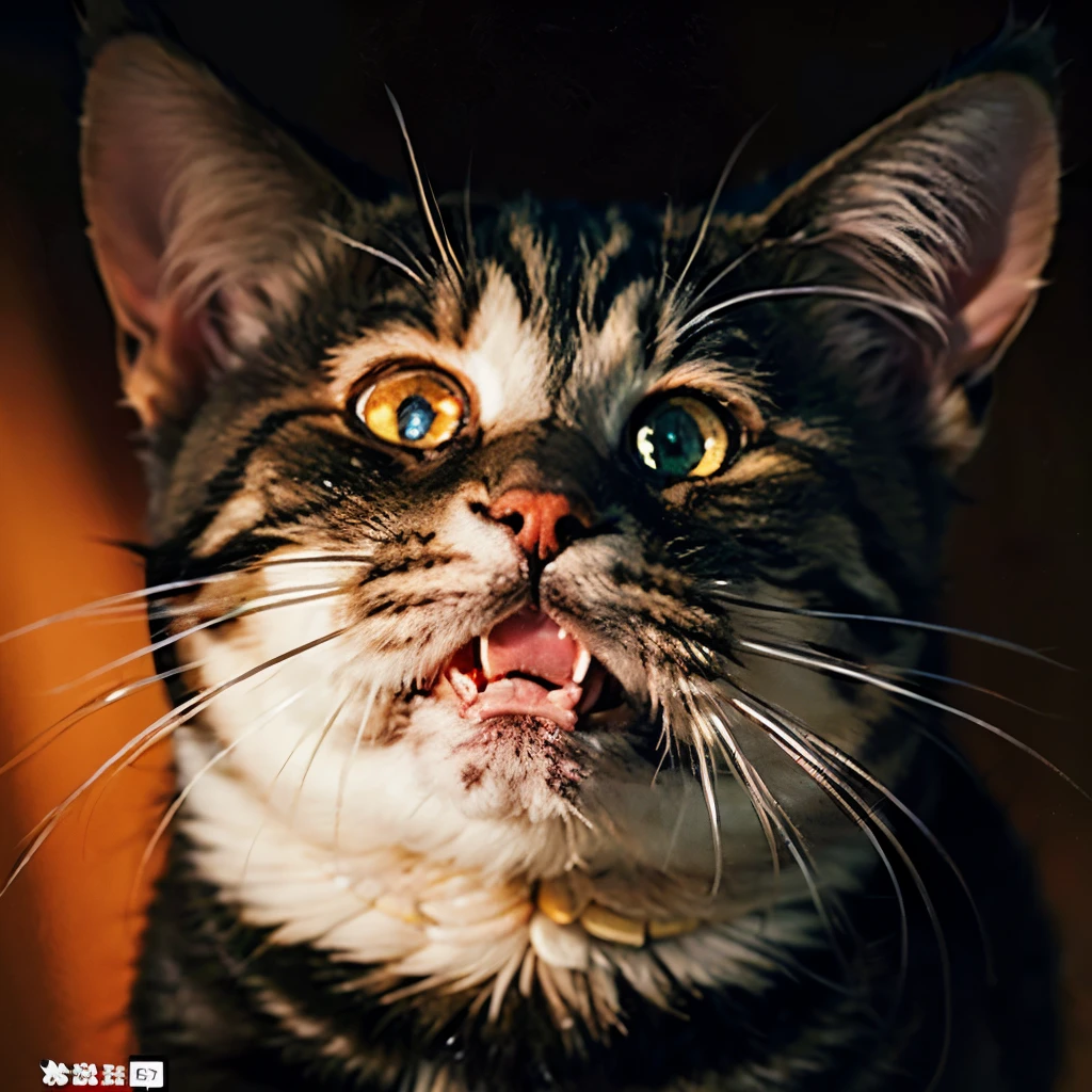 Crazy face cat、Fierce looking cat、Laughing Cat、A composition that emphasizes the eyes staring straight ahead、(Wide open pupils:1.9)、Psychedelic Background、Laughing Cat目娘、