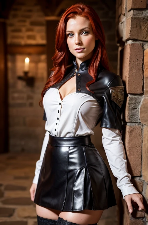 (Meisterwerk), high quality, medieval setting,  Redhead 32 yearold, sexy medieval  girl uniform short leather skirt, 