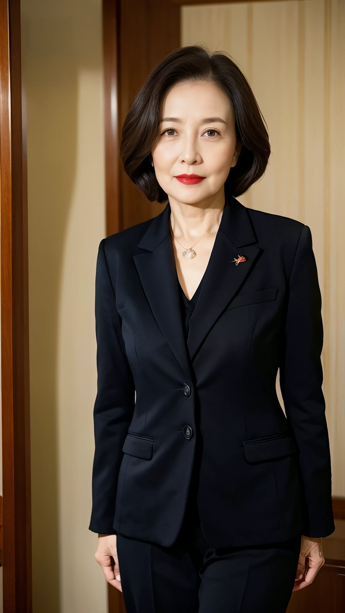 Beautiful mature woman、60-year-old woman、Photo of your ID、Red lips, Thin lips, business suit、first round, Light from the front