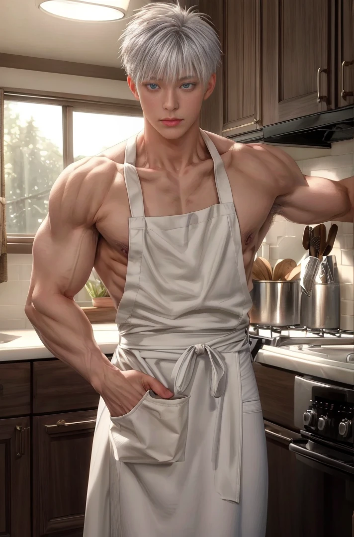 1boy, adult, handsome, perfect face, detailed eyes and face, clean shaved, sixpack realistic, white eyebrow hair, white eyelashes, dynamic lighting, unreal engine 5, hd picture, satoru gojo, white hair, short hair ,hair between eyes ,blue eyes, white skin, apron, Kitchen space background
