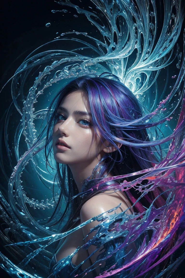 (masterpiece, Highest quality, Highest quality, Official Art, beautifully、aesthetic:1.2), (One Man), extreme detailed,(Abstract, Fractal Art:1.3),Colorful Hair,highest detailed, detailed_eye, fire, water, ice, Lightning, Light_particle, Ghost