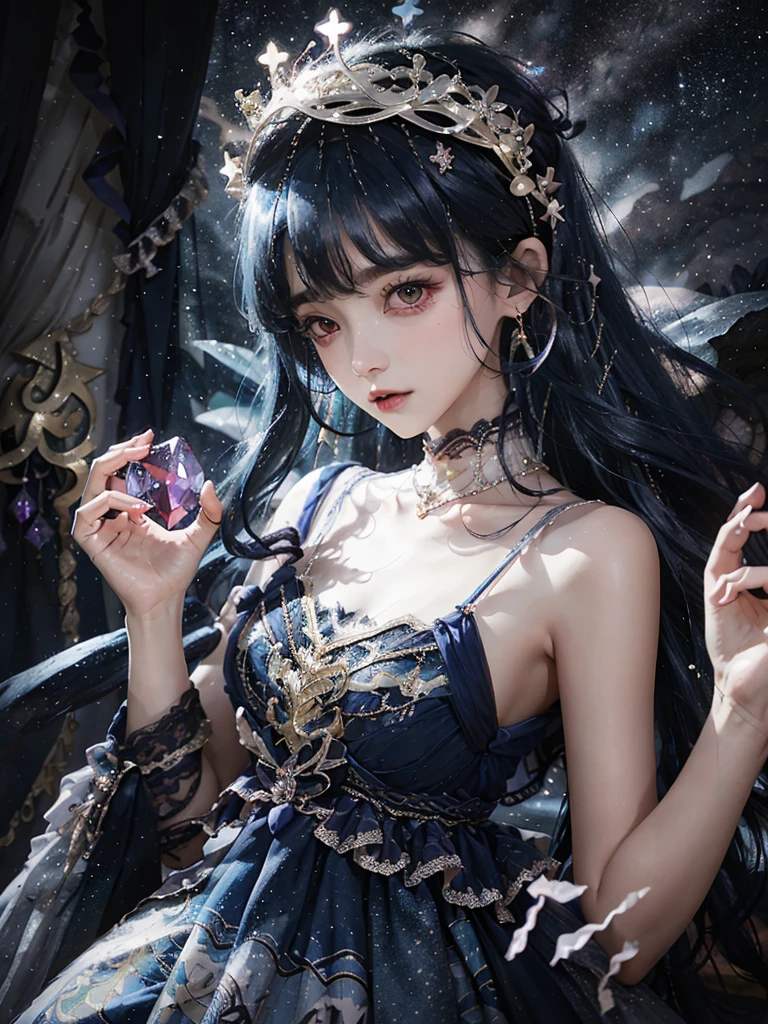 Ultra HD、A beautiful blue-haired character、Upper Body、とてもBig eyes、Big eyes、Fortune teller with crystal、Holding the crystal in both hands、Red burning cheeks、Night scene with starry sky background、Wearing a gorgeous dress、Subtle details、A fantastic atmosphere、Anime style、Disney style