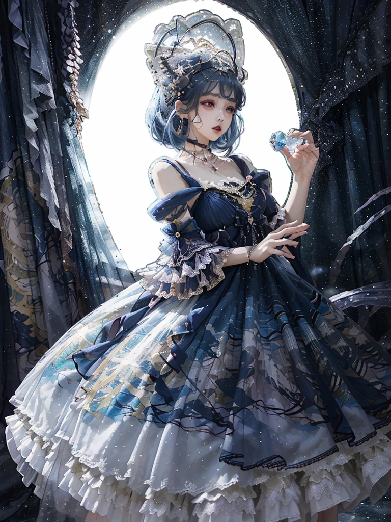 Ultra HD、A beautiful blue-haired character、Upper Body、とてもBig eyes、Big eyes、Fortune teller with crystal、Holding the crystal in both hands、Red burning cheeks、Night scene with starry sky background、Wearing a gorgeous dress、Subtle details、A fantastic atmosphere、Anime style、Disney style