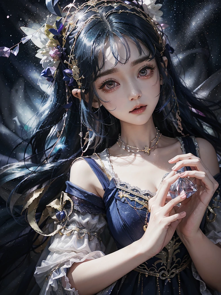 Ultra HD、A beautiful blue-haired character、Upper Body、とてもBig eyes、Big eyes、Fortune teller with crystal、Holding the crystal in both hands、Red burning cheeks、Night scene with starry sky background、Wearing a gorgeous dress、Subtle details、A fantastic atmosphere、Anime style、Disney style