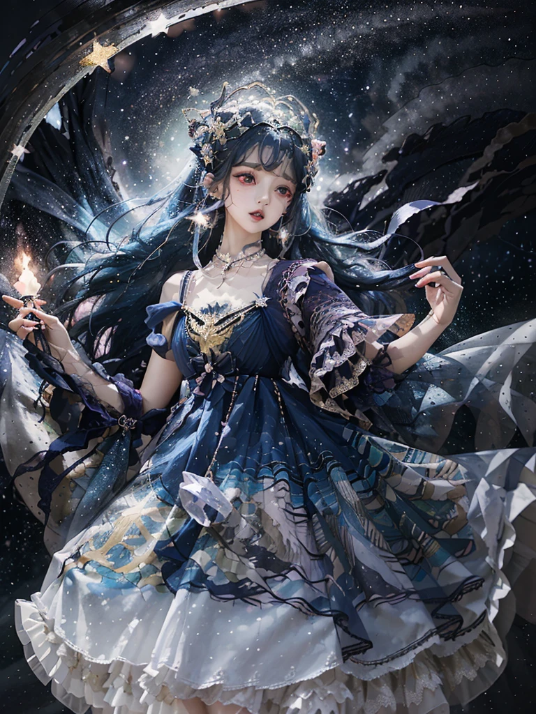 Ultra HD、A beautiful blue-haired character、Upper Body、とてもBig eyes、Big eyes、Fortune teller with crystal、Holding the crystal in both hands、Red burning cheeks、Night scene with starry sky background、Wearing a gorgeous dress、Subtle details、A fantastic atmosphere、Anime style、Disney style