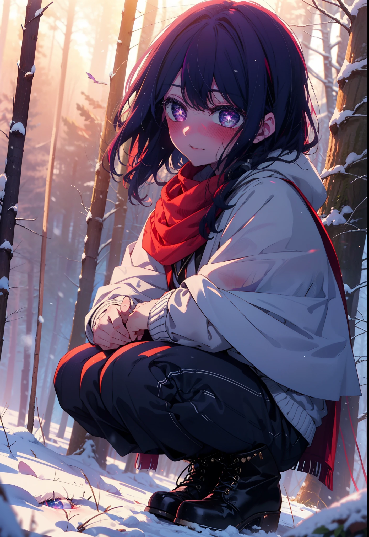 aihoshino, Ai Hoshino, Long Hair, bangs, (Purple eyes:1.1), Purple Hair, (Symbol-shaped pupil:1.5), smile,,smile,blush,white breath,
Open your mouth,snow,Ground bonfire, Outdoor, boots, snowing, From the side, wood, suitcase, Cape, Blurred, , forest, White handbag, nature,  Squat, Mouth closed, Cape, winter, Written boundary depth, Black shoes, red Cape break looking at viewer, Upper Body, whole body, break Outdoor, forest, nature, break (masterpiece:1.2), Highest quality, High resolution, unity 8k wallpaper, (shape:0.8), (Beautiful and beautiful eyes:1.6), Highly detailed face, Perfect lighting, Extremely detailed CG, (Perfect hands, Perfect Anatomy),