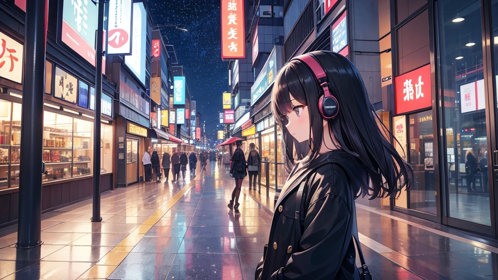 Standing in a place where you can see Kansai International Airport。A young girl with black hair wearing stylish clothes and headphones labeled "lo-fi" The girl is shown in profile, gazing into the distance with a calm, relaxed expression Background depicts the iconic scenery of Namba, Osaka at night, without any text on signs A starry night sky adding to the peaceful atmosphere Overall mood is quiet and serene, perfect for lo-fi music Detailed hair rendering and careful attention to the girl's fashionable outfit The entire scene should evoke a relaxing, introspective feeling associated with lo-fi music