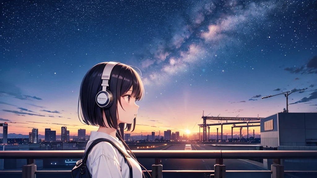 Standing in a place where you can see Kansai International Airport。A young girl with black hair wearing stylish clothes and headphones labeled "lo-fi" The girl is shown in profile, gazing into the distance with a calm, relaxed expression Background depicts the iconic scenery of Namba, Osaka at night, without any text on signs A starry night sky adding to the peaceful atmosphere Overall mood is quiet and serene, perfect for lo-fi music Detailed hair rendering and careful attention to the girl's fashionable outfit The entire scene should evoke a relaxing, introspective feeling associated with lo-fi music