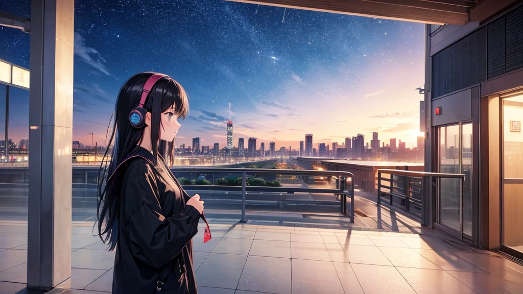 Standing in a place where you can see Kansai International Airport。A young girl with black hair wearing stylish clothes and headphones labeled "lo-fi" The girl is shown in profile, gazing into the distance with a calm, relaxed expression Background depicts the iconic scenery of Namba, Osaka at night, without any text on signs A starry night sky adding to the peaceful atmosphere Overall mood is quiet and serene, perfect for lo-fi music Detailed hair rendering and careful attention to the girl's fashionable outfit The entire scene should evoke a relaxing, introspective feeling associated with lo-fi music