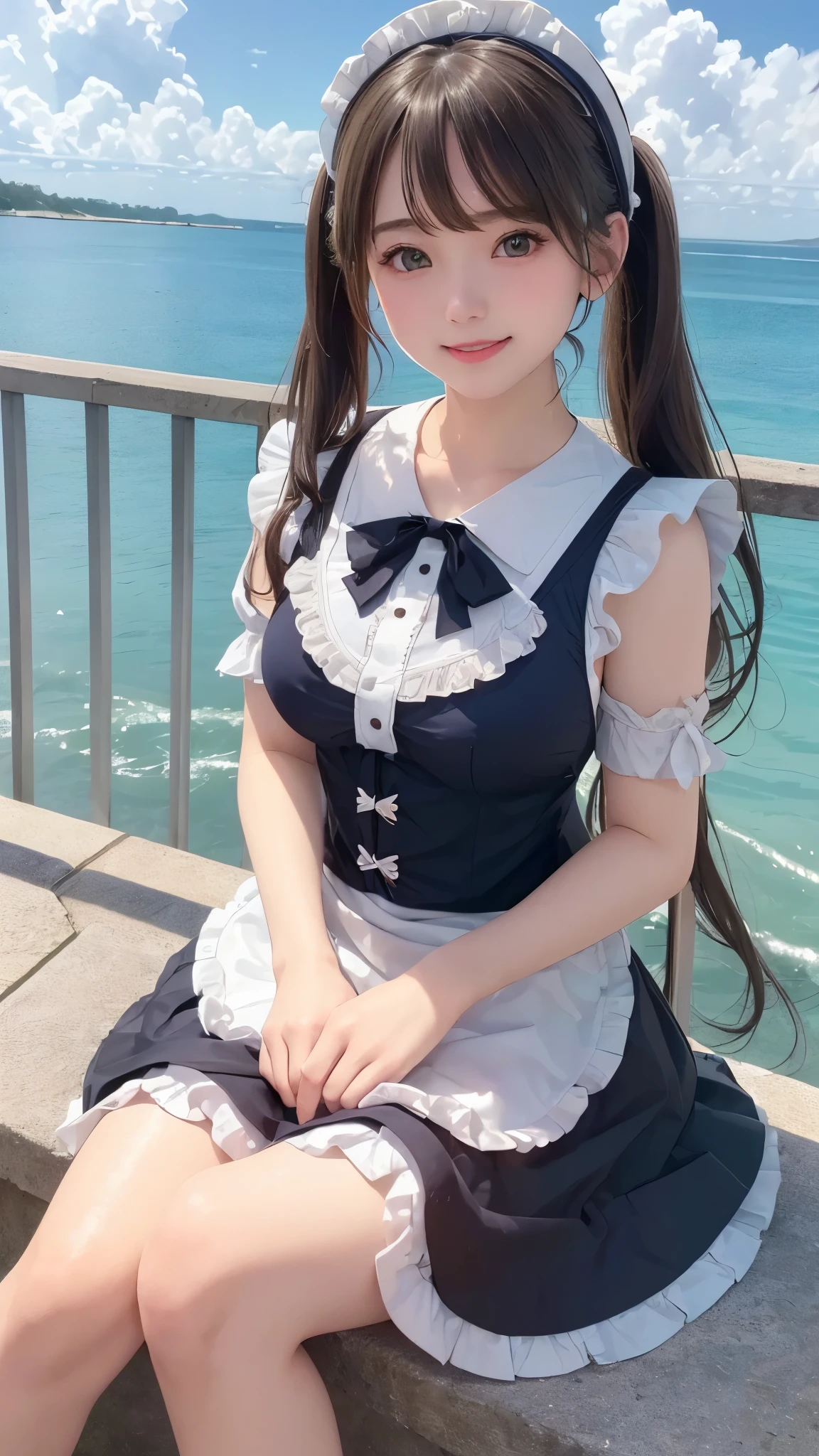 ((masterpiece)), ((highest quality、Ultra high definition)), (Very detailed),8K、Photo quality、((Amazingly cute girl)),16-year-old girl)), Two people, , (Beautiful emerald blue eyes), ((smile)),In the open-air bath overlooking the sea, Beautifully arranged black hair in twin tails、スリムボディー、(((Cute lolita maid style swimsuit)))、Professional Lighting、(White lace knee-highore detailed and beautiful)、(More details and cutenesore realistic)、((Just wear light clothing))、プールではしゃぐ、