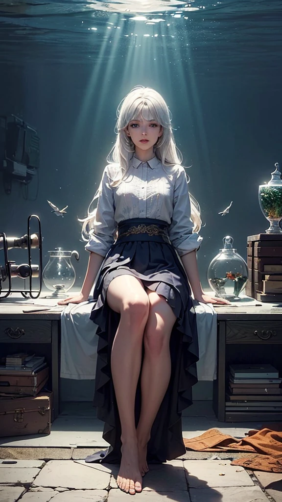 best quality, masterpiece, (realistic:1.2), 1 girl, detailed face, beautiful eyes, [(Transparent background:1.5)::5],(((masterpiece))),(((best quality))),(((extremely detailed))),illustration, 1girl,solo,mysterious,vivid color, shiny, underwater transparent sealed hemispherical glass dome, (white hair),(purple eyes), full body, barefoot, long hair tranquil nature, koi, Underwater, Dome, close up, Dynamic actions, Lens perspective,(((Box composition))),sit cross-legged and lean against the bookshelf, volumetric lighting, multi-color eyes, detailed eyes, hyper detailed, light smile, highly detailed, beautiful, small details, ultra detailed, best quality, intricate, 4k, 8k, trending on art station, good anatomy, beautiful lighting, award-winning,