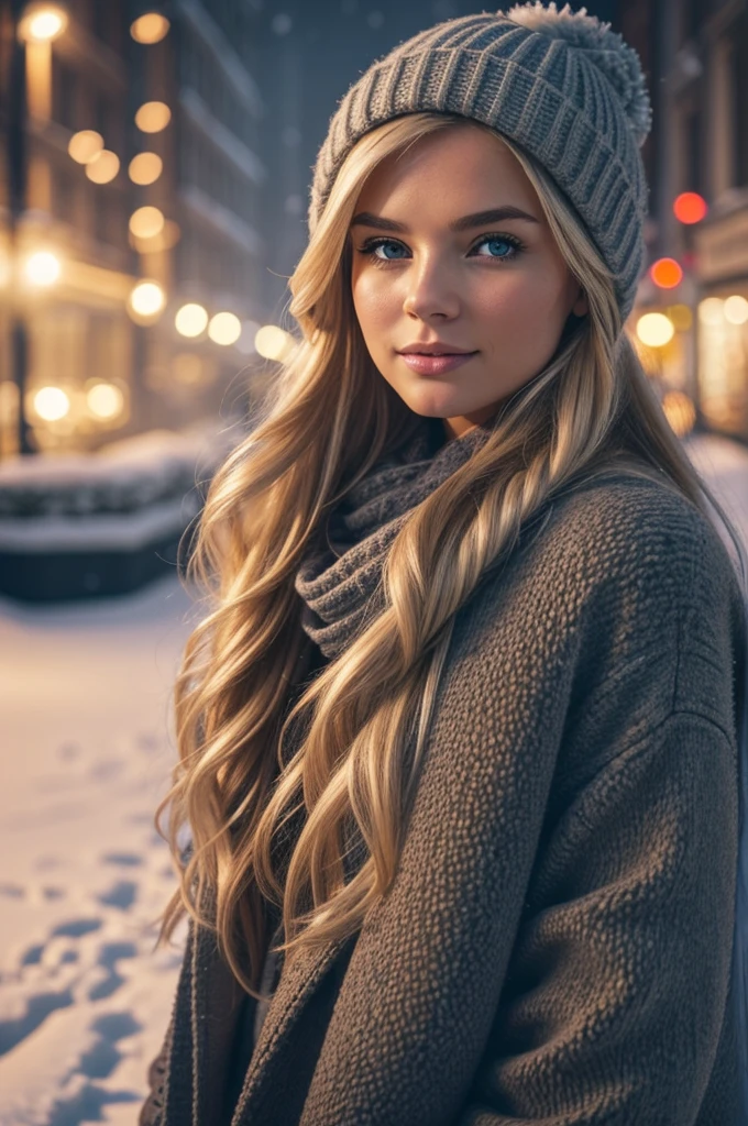 professional portrait photograph of a gorgeous Norwegian girl in winter clothing with long wavy blonde hair, sultry flirty look, gorgeous symmetrical face, cute natural makeup, wearing elegant warm winter fashion clothing, ((standing outside in snowy city street)), stunning modern urban environment, ultra realistic, concept art, elegant, highly detailed, intricate, sharp focus, depth of field, f/1. 8, 85mm, medium shot, mid shot, (((professionally color graded))), bright soft diffused light, (volumetric fog), trending on instagram, hdr 4k, 8k