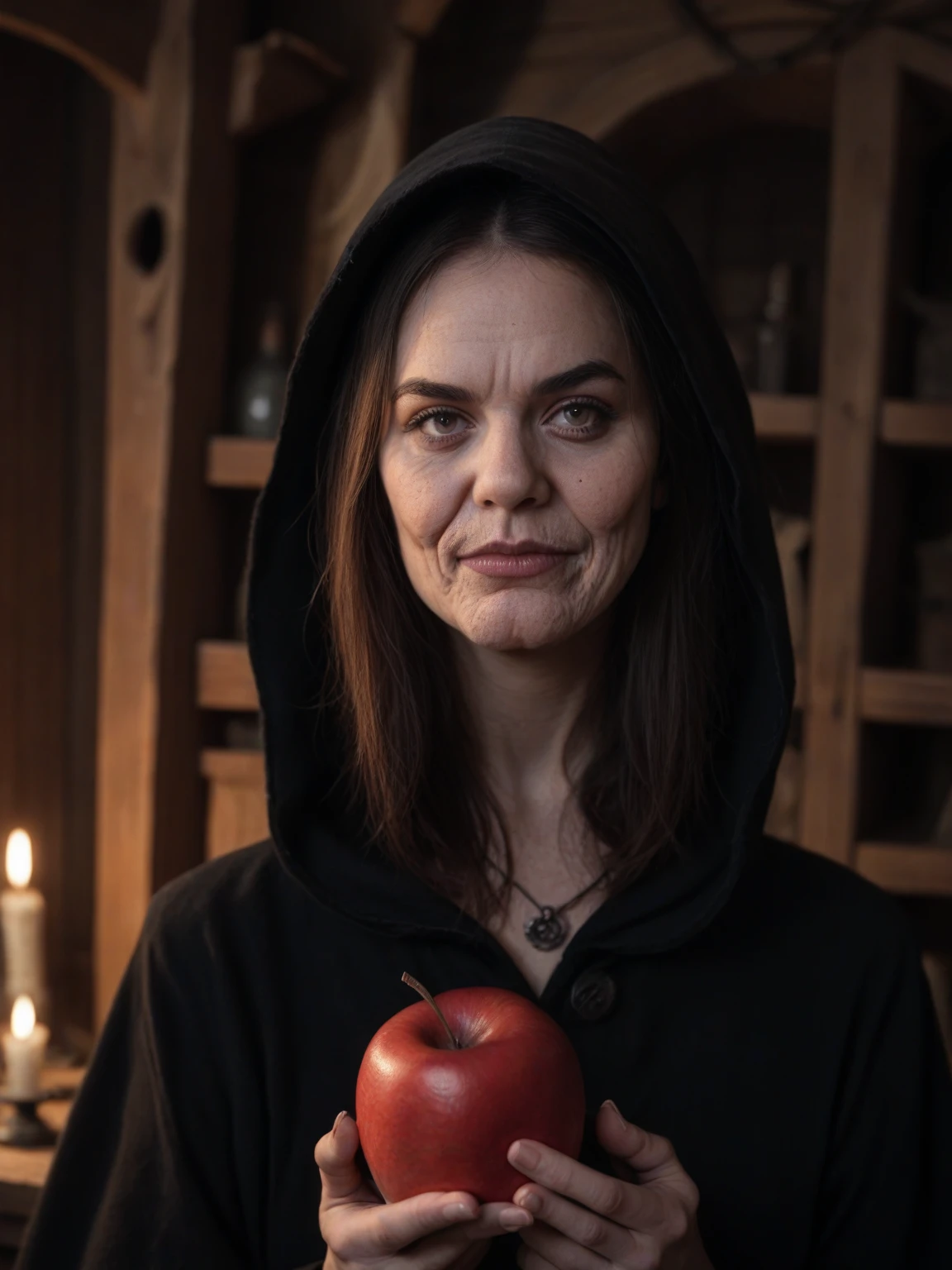 score_9, score_8_up, score_7_up, score_6_up, score_5_up, score_4_up, realistic style, photo, photorealistic, high detail, photo of a very old witch, scary wrinkled face, ugly face, black hooded robe, holds out a red apple to the viewer on her palm, looks at the viewer, old witch's hut, dark lighting, gothic lighting, tag1, tag2