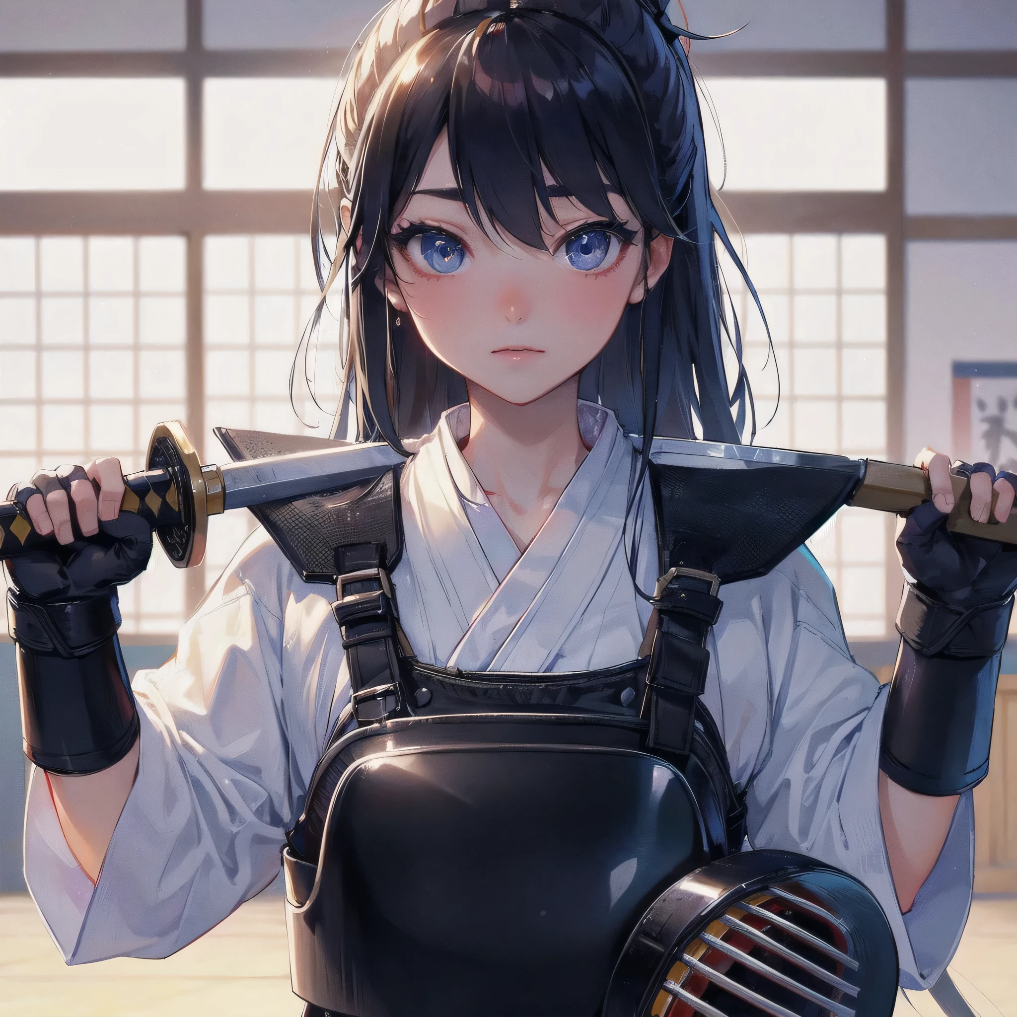masterpiece, (textured skin), best quality, gorgeous beautiful girl, (a female kendo athlete), detailed clothes,large breasts,narrow waist,, (beautiful face), cinematic lighting, (at kendo venue ),