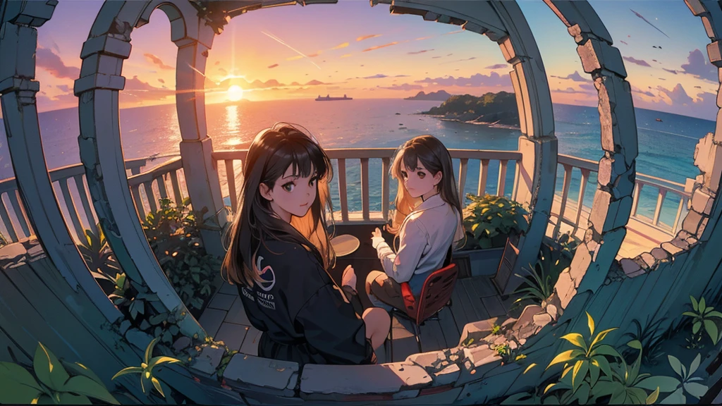 (((Fisheye Lens))), icon, logo, Very wide white background, Superior quality, masterpiece, 8k, Depth of written boundary, Intricate details, (((unmanned))), Very large margins, Lots of text, corporate logo, space, Symbolism, Movie Posters, (((Ruins with a view of the sea))), (((covered with plants )))), Big Moon, Nostalgia, (((sunset))), Supercar, Panorama, Long Shot, Backlight,