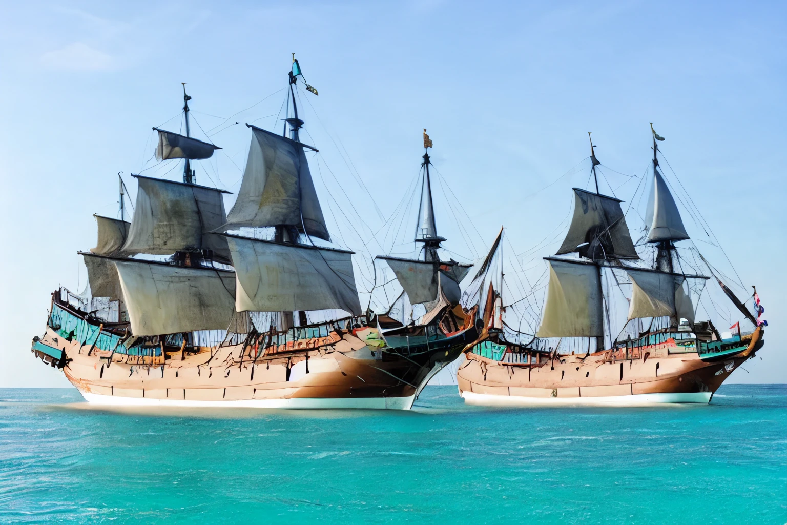 (Ocean landscape scene with ship)、(2:1.2)、(2のガレオン船:1.2)、(Ship)、(Complete drawing from bow to stern:1.2)、(sail)、膨らんだsail、Detailed Description、Blur the background、horizontal line、(masterpiece, Highest quality:1.2)、4K High Resolution、