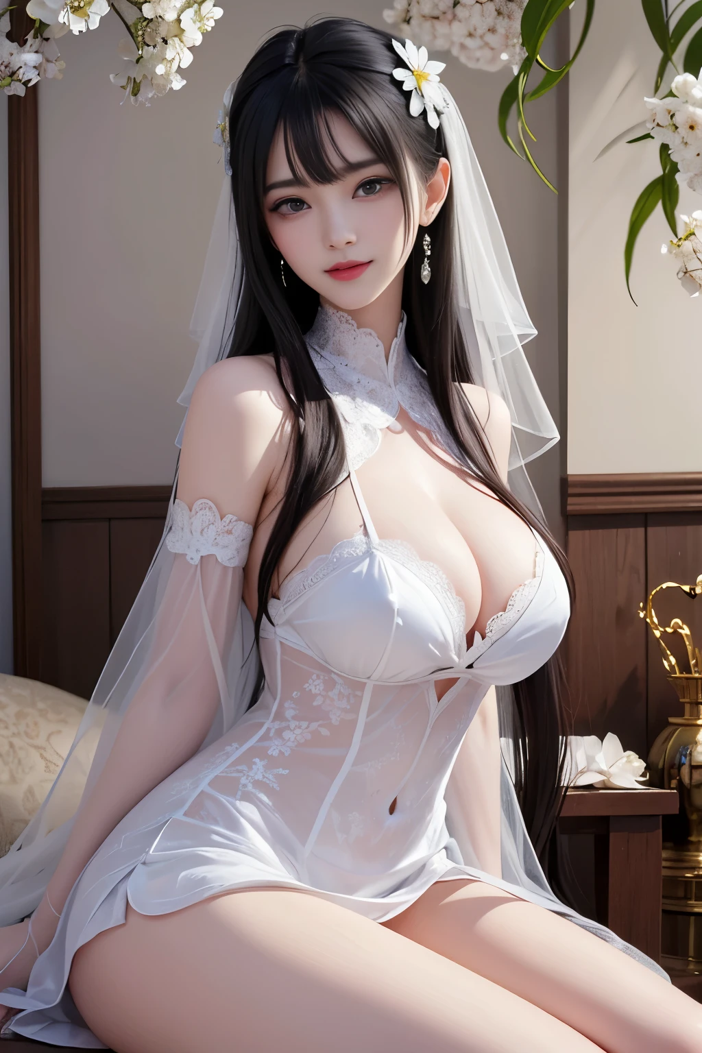 best quality、tmasterpiece、ultra high resolution、actual、1 girl、Glossy skin、((Surreal detailed))、Global photo、8K、Highly complex details、shinning eyes、Black straight hair、highkey、pureerosfaceace_v1、A smile、Elegant pose、plump breasts、White ultra-thin transparent lace、Lots of flowers in the background