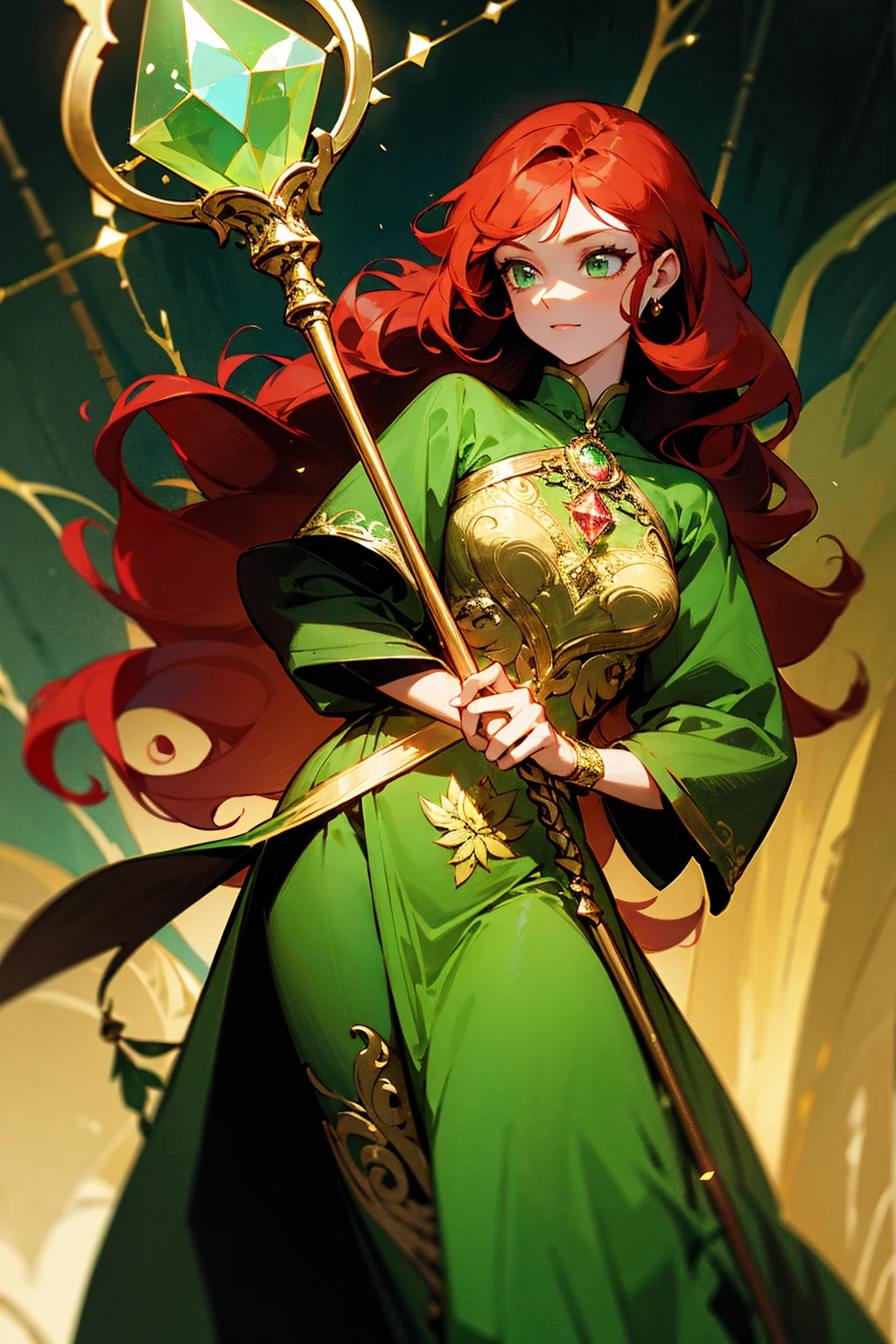 Wiccan witch, female, female, 33 years old, medium body, European, red hair, straight, runes as amulet, ultra realistic, fluttering leaves surrounds the character's body, green and black clothes with gold details, long dress, detailed face, object with the same theme, very bright and blooming totally white eyes, white, serious, UHD, super defined details --auto --s2