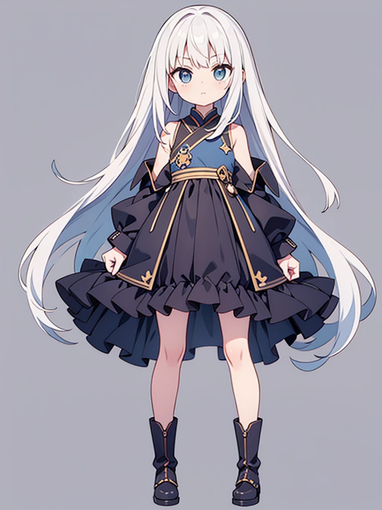 ultra-detailed, grey background, simple background, chibi, arms at sides, upright, concept art, 独奏, cowboy shot, full body, looking at viewer, Long white hair