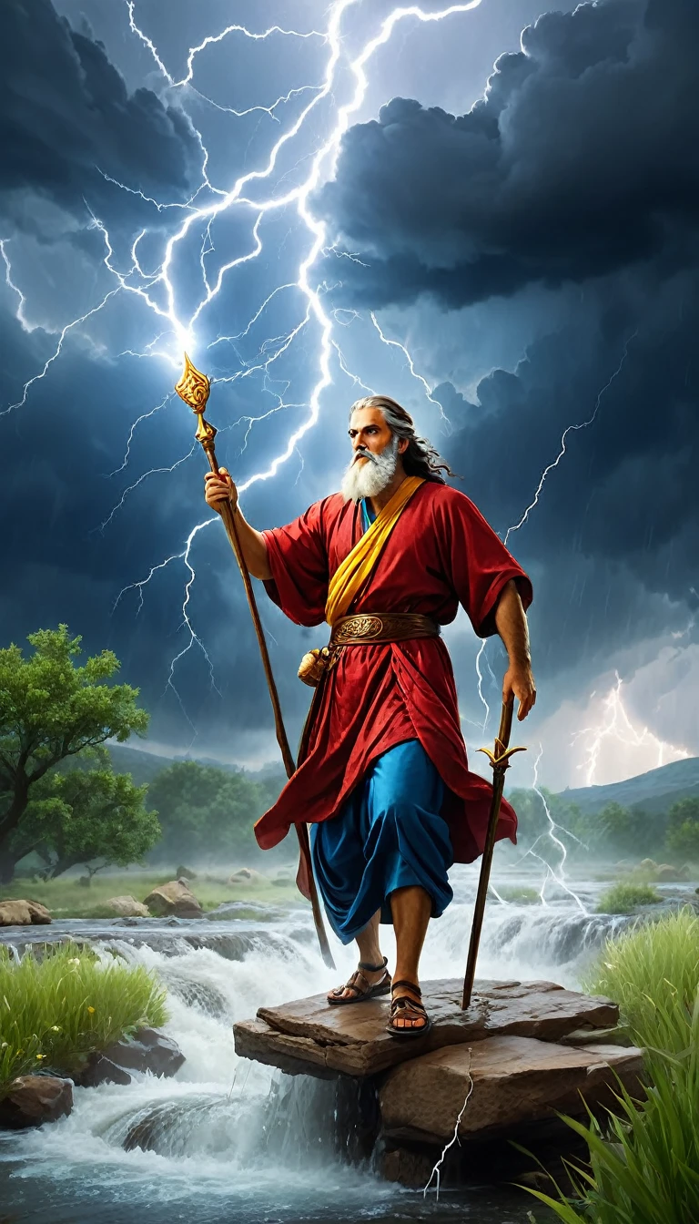 image, inspired by the cult of the prophet Elijah in the Christian tradition. Present the Prophet Elijah as a Symbol of Courage and Devotion, surrounded by thunderclouds and streams of water, symbolizing his patronage of summer thunderstorms and streams. Incorporate traditional elements, associated with the prophet Elijah, such as lightning, flame, oak branch or peasant utensils. Convey the atmosphere of greatness and spiritual power of this saint, focusing on his patronage and special day, August 2. Высокодетализированные обои CG Unity 8k, Orientate, super thoughtful, realistic,