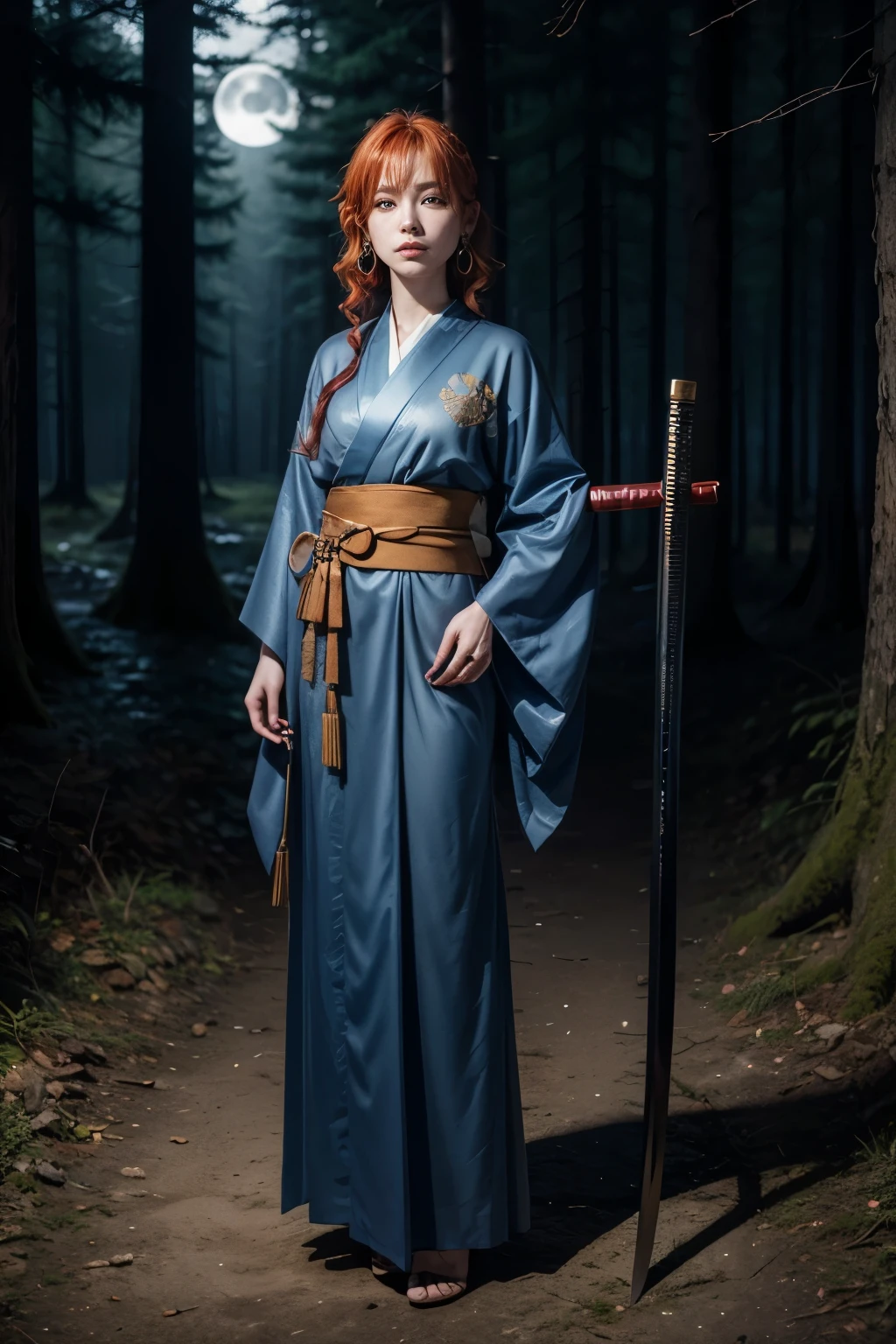 demon slayer character, Chico, copper hair, aquamarine eyes, navy blue kimono, haori with star design, golden earrings, half body, holding a katana, in a forest under the moonlight