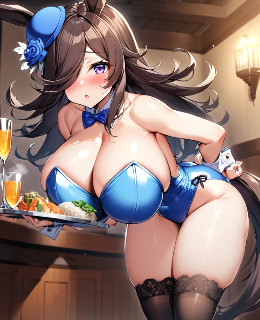 Rice Shower (Uma Musume), 1 girl, solo, long hair, breasts, huge breasts, (huge breasts: 1.8), looking at viewer, blushing, brown hair, knee-high socks, hat, ribbon, belly button, hugging, animal ears, bare shoulders, purple eyes, tail, flower, small breasts, black knee-high socks, indoors, bow tie, hair over one eye, leotard with front zipper, cups, wrist cuffs, detachable collar, rose, Playboy Bunny, horse ears, horse girl, horse tail, blue hat, tray, blue flower, flower on hat, blue leotard, hugging tray, front zipper goes all the way down to belly