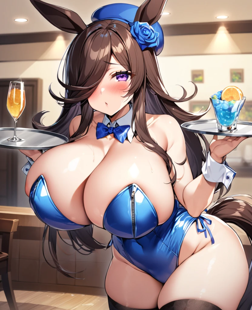 Rice Shower (Uma Musume), 1 girl, solo, long hair, breasts, huge breasts, (huge breasts: 1.8), looking at viewer, blushing, brown hair, knee-high socks, hat, ribbon, belly button, hugging, animal ears, bare shoulders, purple eyes, tail, flower, small breasts, black knee-high socks, indoors, bow tie, hair over one eye, leotard with front zipper, cups, wrist cuffs, detachable collar, rose, Playboy Bunny, horse ears, horse girl, horse tail, blue hat, tray, blue flower, flower on hat, blue leotard, hugging tray, front zipper goes all the way down to belly