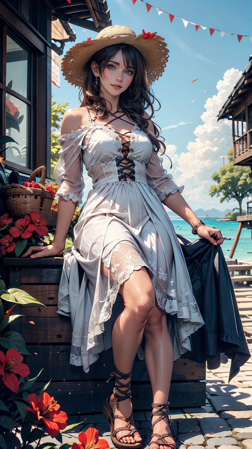 24-year-old woman、Indigo Hair、semi-long、Straw hat、White summer dress decorated with lace、Lace-up sandals、Taketomi Island、Landscape with stone walls、Red hibiscus、Summery blue sky