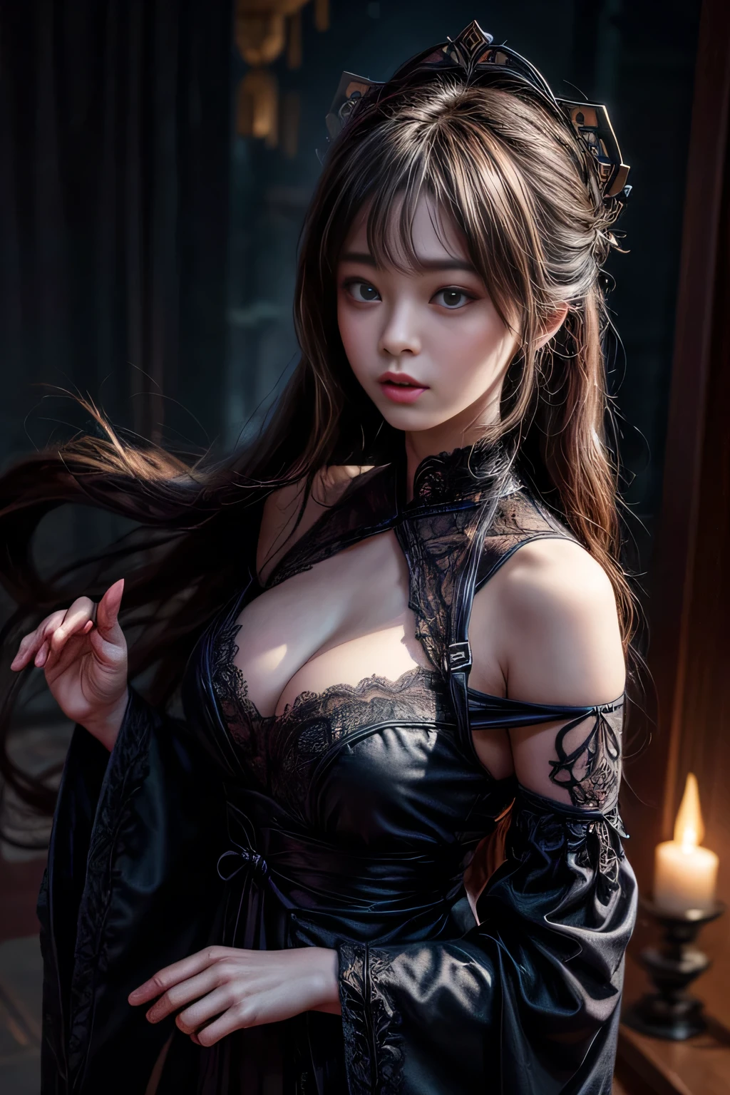 Formula art、Unity 8k wallpaper、Super detailed、beautiful、beautiful、masterpiece、Highest quality、(dark)、(Dark Room)、(Atmospheric)、(mysterious)、Accurate anatomy、romantic、Creepy、literature、art、fashion、Ming and Qing dynasties、Beautiful Lingerie、Decoration、complicated、Ironwork、embroidery、Beautiful and skillful lace knitting、ponder、Depth of emotion、supernatural、 One girl、Alluring、sexly、eros、独奏、head、Cowboy Shot、Bust Configuration、Hanfu with bare shoulders、Beautiful cleavage、Remove your fingers from the screen、I don't draw my fingers、
