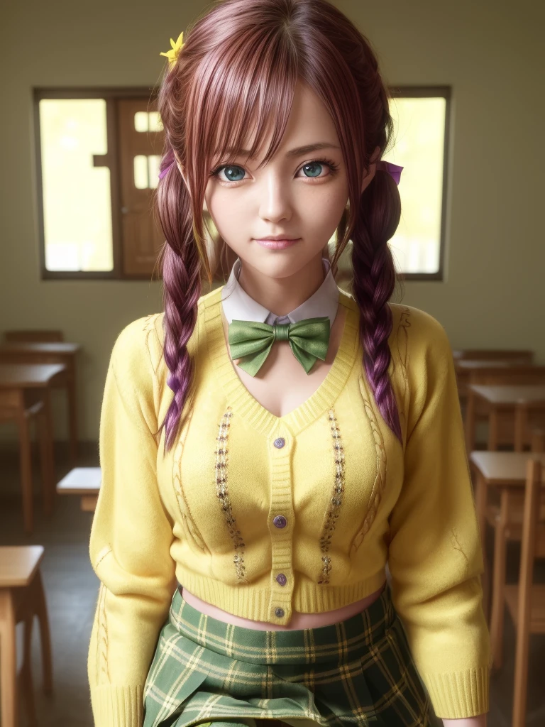Momodebilke, Deviluke Type, demon tail, Hair Flower, hair ornaments, (Purple eyes:1.1), Pink Hair, short hair, tail, smile,
break demon tail, green skirt, Plaid, Plaid skirt, Sainan High , , skirt, Sweater vest, Knee socks, (Yellow Sweater:1.5), Short sleeve, bow, (green bow:1.5),
break indoors, classroom,
break looking at viewer, (Cowboy Shot:1.5),
break (masterpiece:1.2), Highest quality, High resolution, unity 8k wallpaper, (figure:0.8), (beautiful detailed eyes:1.6), extremely detailed face, Perfect lighting, extremely detailed CG, (Perfect hands, Perfect Anatomy),