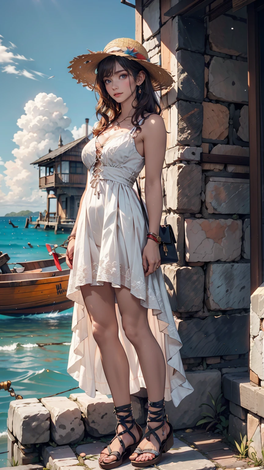 24-year-old woman、Indigo Hair、semi-long、Straw hat、White summer dress decorated with lace、Lace-up sandals、Taketomi Island、Landscape with stone walls、Red hibiscus、Summery blue sky