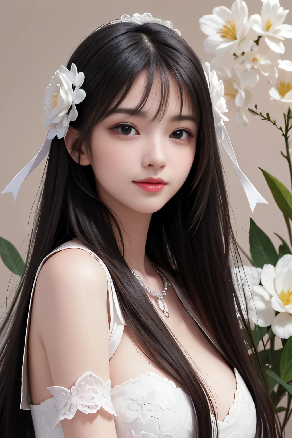 best quality、tmasterpiece、ultra high resolution、actual、1 girl、Glossy skin、((Surreal detailed))、Global photo、8K、Highly complex details、shinning eyes、Black straight hair、highkey、pureerosfaceace_v1、A smile、Elegant pose、plump breasts、White ultra-thin transparent lace、Lots of flowers in the background
