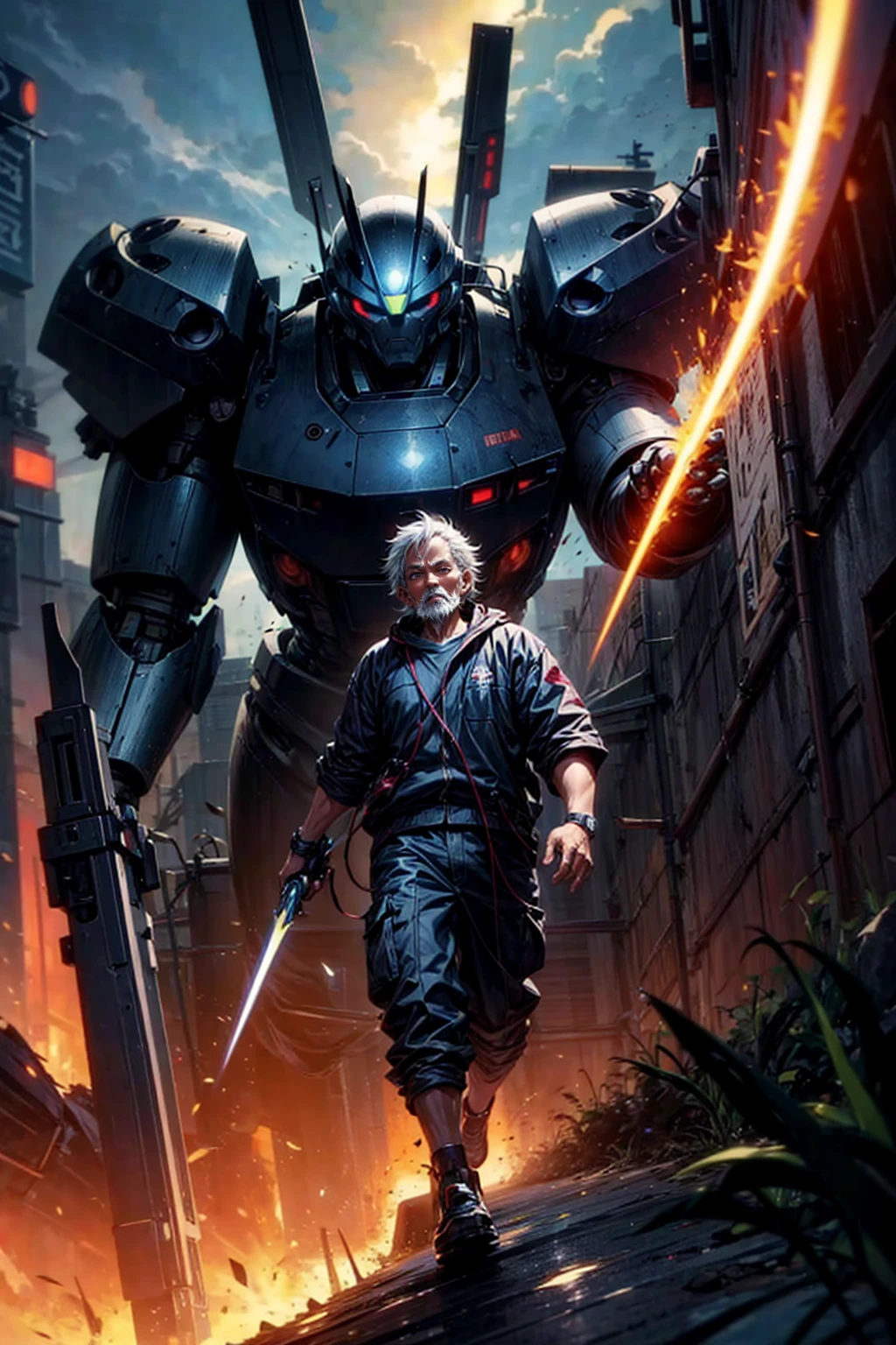 1old man,独奏,he is android,roboT,mechanic,beam sword,laserbeam,mecha,