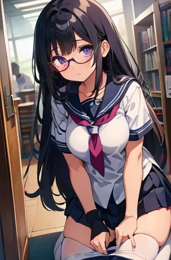 Elementary school girl 8-year-old Large Breasts Black Hair Long Hair Purple eyes 1 person Glasses Short-sleeved sailor uniform Navy blue mini skirt White panties White socks sneakers School Library Squat Dynamic Angle Low Angle