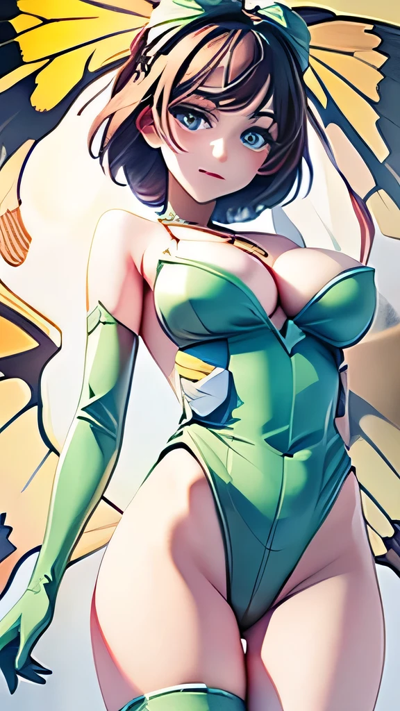 ((masterpiece,best quality,ultra-delicate,Perfect Face,16k,high resolution,very beautiful lady)),yellow butterfly wings on the head,brown medium short hair,black glossy oval hair ornaments:1.2,green leotard,green long boots ,green long arm gloves, large breasts,gold necklace,full body shot