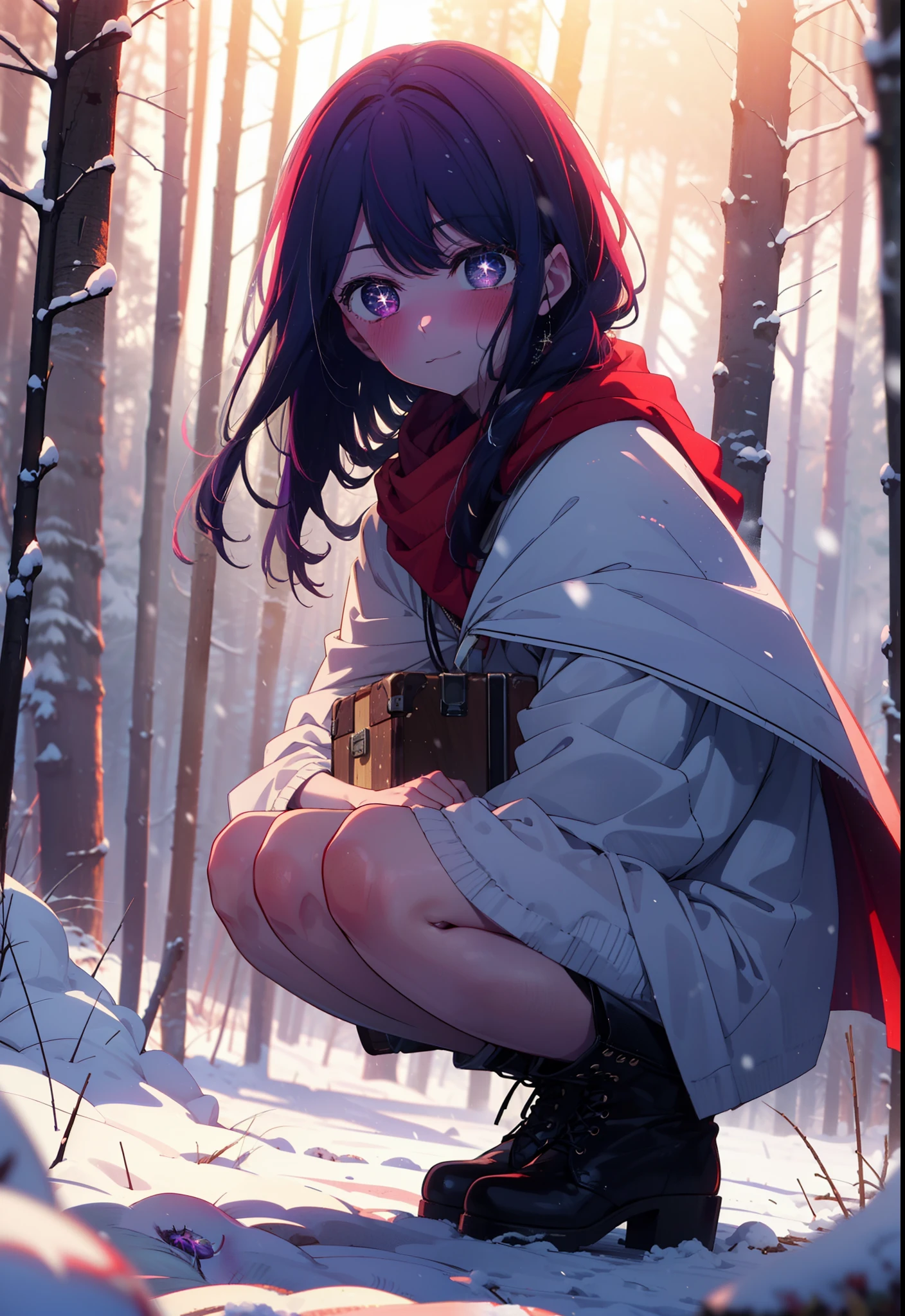 aihoshino, Ai Hoshino, Long Hair, bangs, (Purple eyes:1.1), Purple Hair, (Symbol-shaped pupil:1.5), smile,,smile,blush,white breath,
Open your mouth,snow,Ground bonfire, Outdoor, boots, snowing, From the side, wood, suitcase, Cape, Blurred, , forest, White handbag, nature,  Squat, Mouth closed, Cape, winter, Written boundary depth, Black shoes, red Cape break looking at viewer, Upper Body, whole body, break Outdoor, forest, nature, break (masterpiece:1.2), Highest quality, High resolution, unity 8k wallpaper, (shape:0.8), (Beautiful and beautiful eyes:1.6), Highly detailed face, Perfect lighting, Extremely detailed CG, (Perfect hands, Perfect Anatomy),