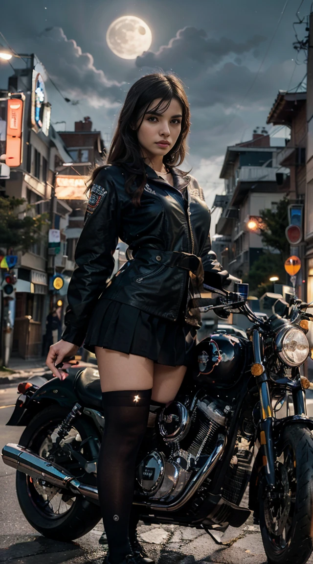 26-years-old Waifu  posando na frente de uma motocicleta futurista, the motorcycle has skulls and blue flames highly detailed 3D graphics, night scenery with full moon in the background, she is wearing a   Uniform with 3D skulls and flames and Sailor Miniskirt, Pantyhose, HDR, epic realism, high-octane rendering, obra de arte,