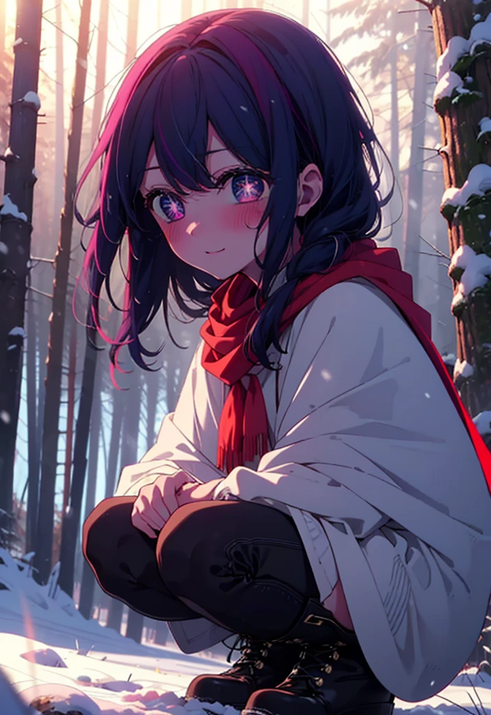 aihoshino, Ai Hoshino, Long Hair, bangs, (Purple eyes:1.1), Purple Hair, (Symbol-shaped pupil:1.5), smile,,smile,blush,white breath,
Open your mouth,snow,Ground bonfire, Outdoor, boots, snowing, From the side, wood, suitcase, Cape, Blurred, , forest, White handbag, nature, Squat, Mouth closed, Cape, winter, Written boundary depth, Black shoes, red Cape break looking at viewer, Upper Body, whole body, break Outdoor, forest, nature, break (masterpiece:1.2), Highest quality, High resolution, unity 8k wallpaper, (shape:0.8), (Beautiful and beautiful eyes:1.6), Highly detailed face, Perfect lighting, Extremely detailed CG, (Perfect hands, Perfect Anatomy),