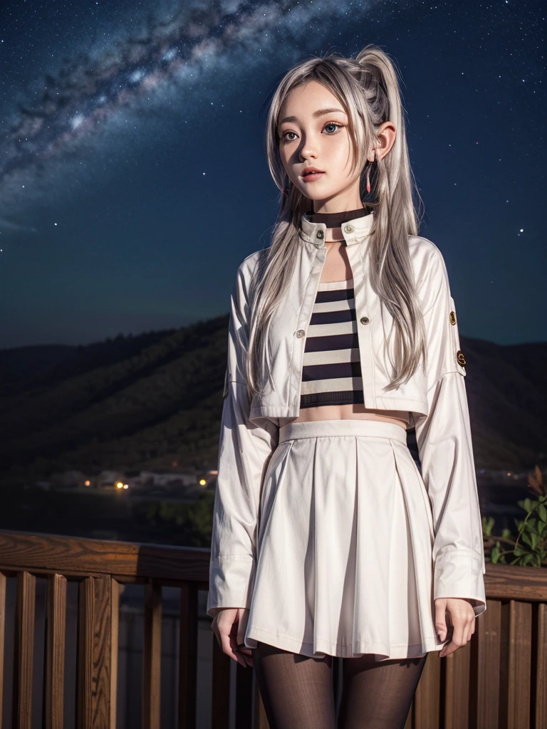 One girl,alone,Fairy,Gray Hair, Grey Hair, Earrings, Pointed Ears, Long Hair, ponytail, Green Eyes, Twin tails, Parted bangs, Thick eyebrows,
Capelet with collar, White capelet, Striped shirt, Long sleeve,Striped, White Skirt,
pantyhose,
Night Sky, performer, Milky Way, milky way,
 