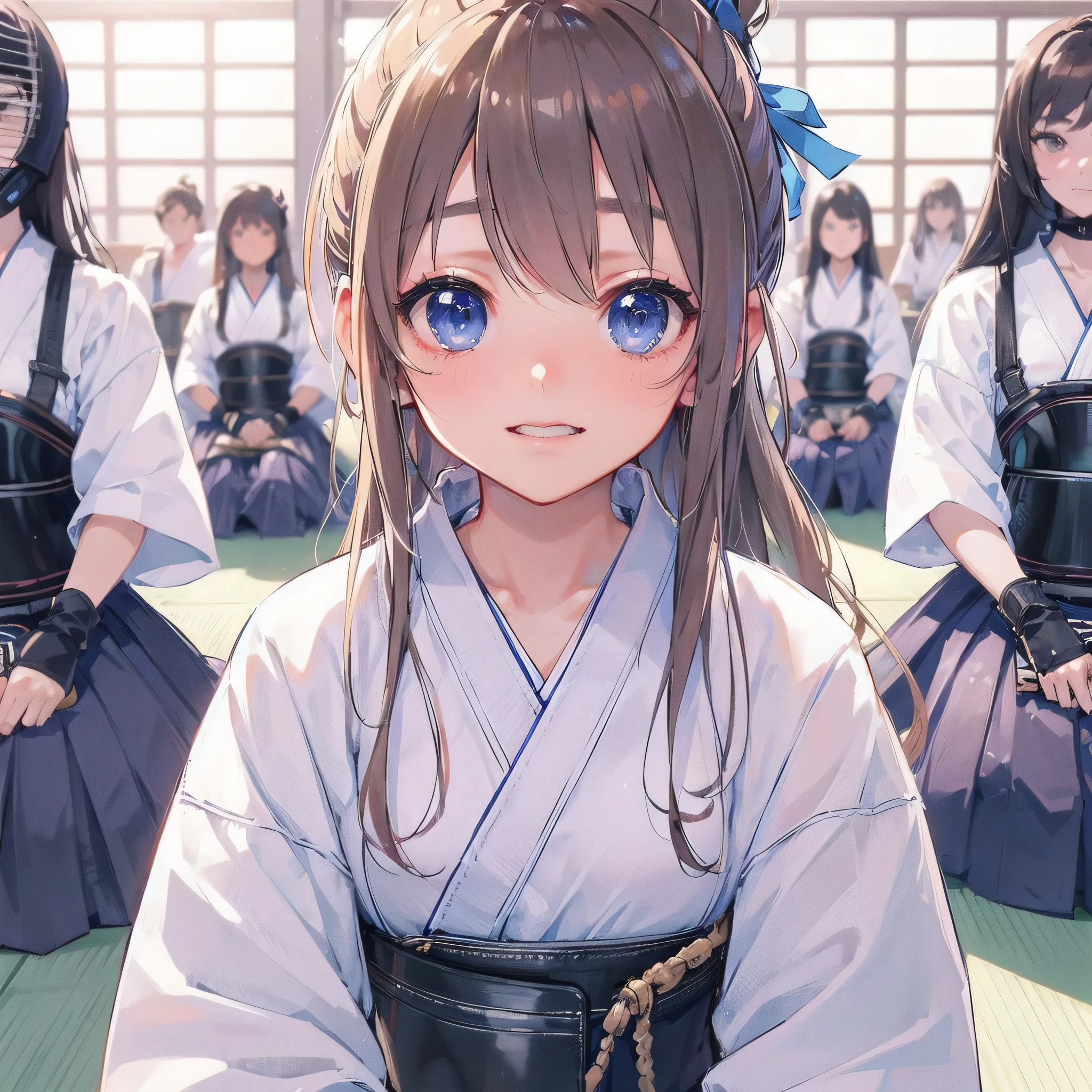  masterpiece, (textured skin), best quality, gorgeous beautiful girl, (a female kendo athlete), detailed clothes,large breasts,narrow waist,, (beautiful face), cinematic lighting, (at kendo venue ),
