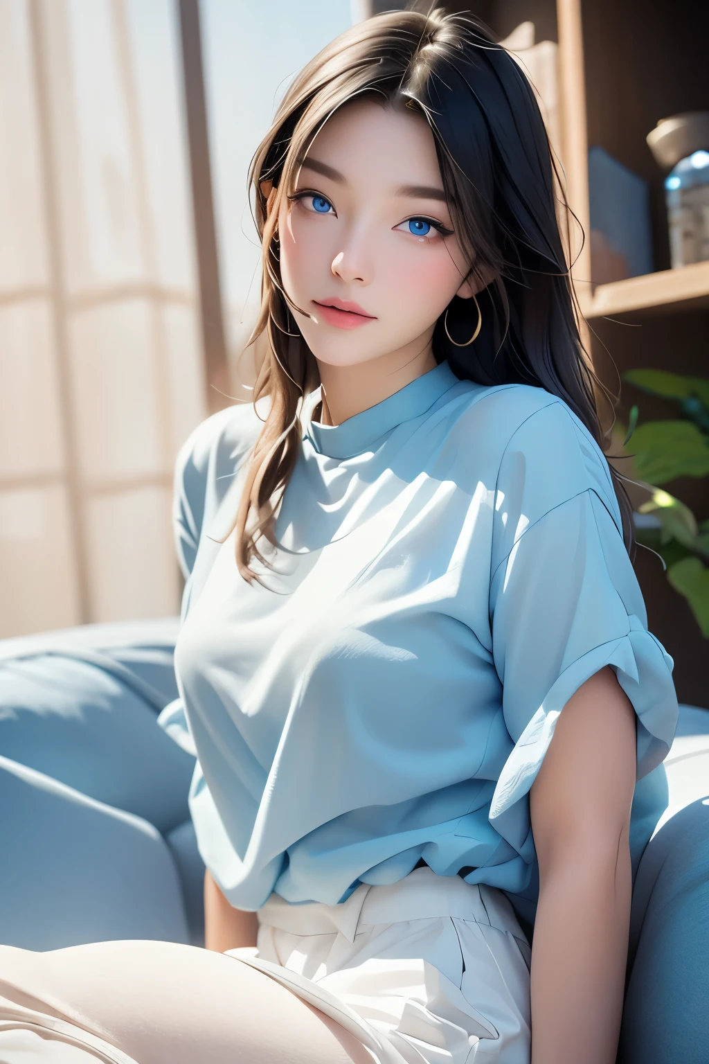 Alafed woman in blue shirt sitting on bed in front of window, blue tight t-shirt, Soft Blue Light, smooth blue skin, pale bluish skin, pale-blue, pale blue skin, wearing tight shirt, Blue Soft Light, in blue dress, Tight shirt, Blue sweater, soft pale white skin, Blue shirt, Dressed in blue, blue soft details