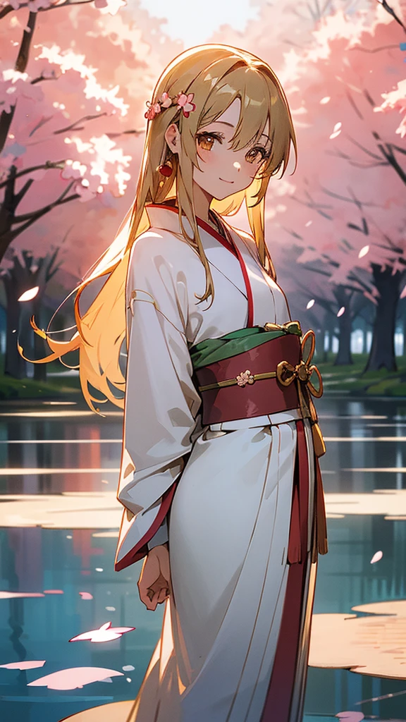 Asuna, masterpiece, Highest quality, detailed, (One girl), alone, detailed golden eyes, Shoulder-length hair、Are standing, Close to the audience, (detailed kimono), A light smile, Medium chest, (Put your arms behind your back), water, sunset, (hair ornaments), (Cherry blossoms bloom), Forest trees in the background々