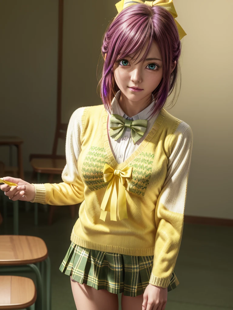 Momodebilke, Deviluke Type, demon tail, Hair Flower, hair ornaments, (Purple eyes:1.1), Pink Hair, short hair, tail, smile,
break demon tail, green skirt, Plaid, Plaid skirt, Sainan High , , skirt, Sweater vest, Knee socks, (Yellow Sweater:1.5), Short sleeve, bow, (green bow:1.5),
break indoors, classroom,
break looking at viewer, (Cowboy Shot:1.5),
break (masterpiece:1.2), Highest quality, High resolution, unity 8k wallpaper, (figure:0.8), (beautiful detailed eyes:1.6), extremely detailed face, Perfect lighting, extremely detailed CG, (Perfect hands, Perfect Anatomy),