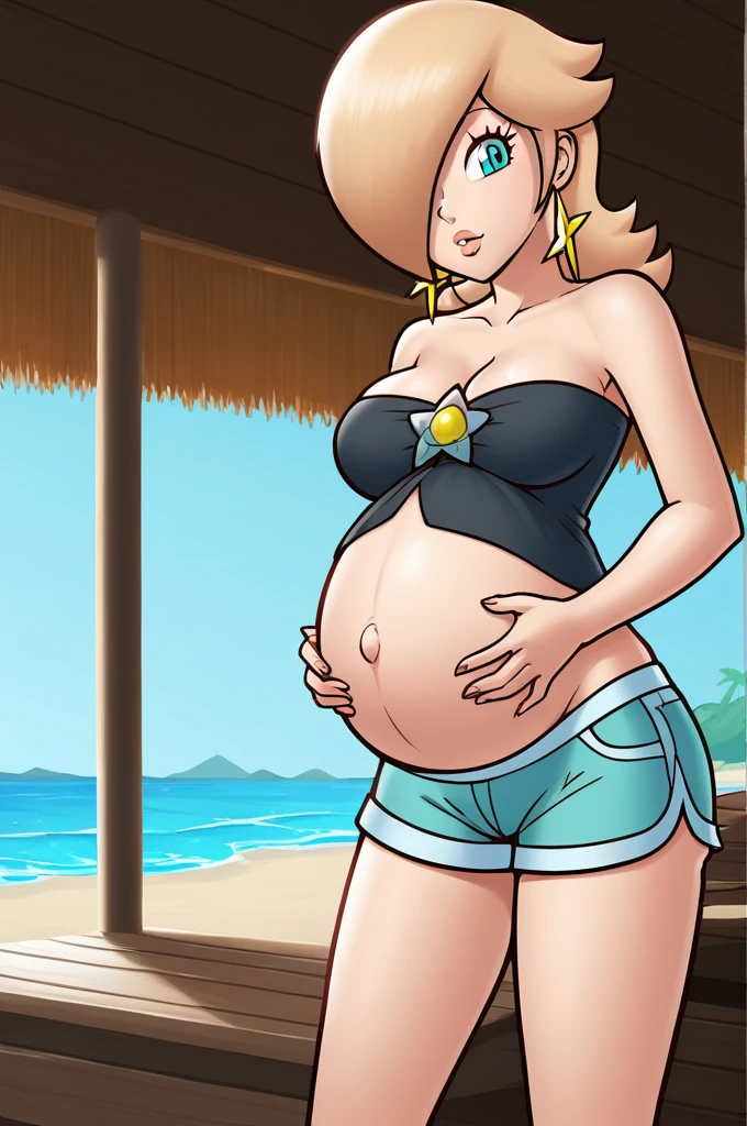 score_9, score_8_up, 1girl, solo, rosalina, style parody, thick outlines, black bikini, shorts, pregnant belly, sleeveless, strapless, cleavage, indoors, beach,