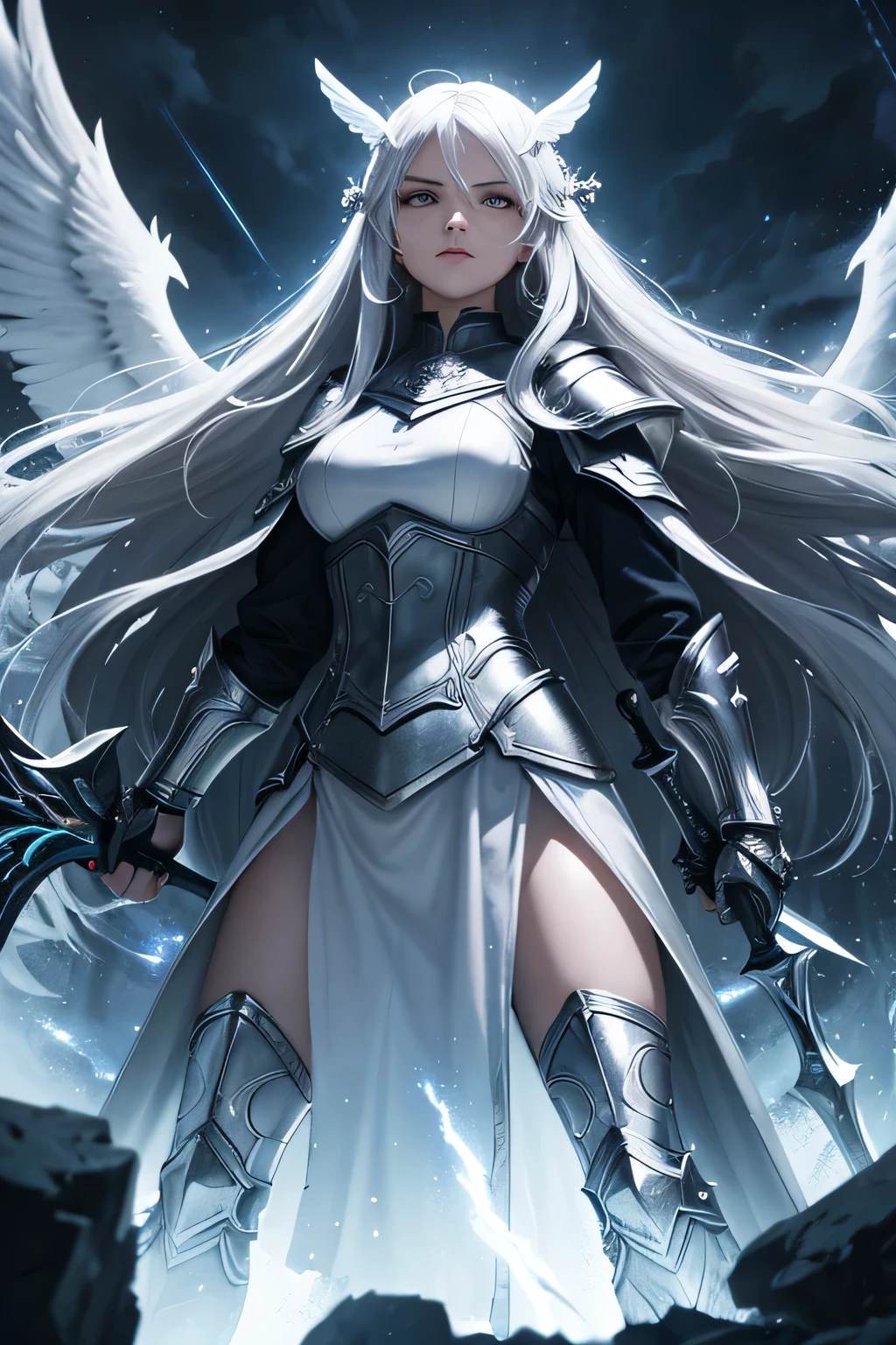 A long white-haired Valkyrie clad in gleaming armor stands bravely on a divine battlefield under a dark, starry sky. The background is illuminated by flashes of lightning, casting an eerie glow on the intense battle unfolding around her. She wields a powerful spear, her gaze fierce and determined as she faces formidable foes. The moonlight adds a mystical quality to the scene, with the storm clouds enhancing the dramatic nighttime atmosphere.
