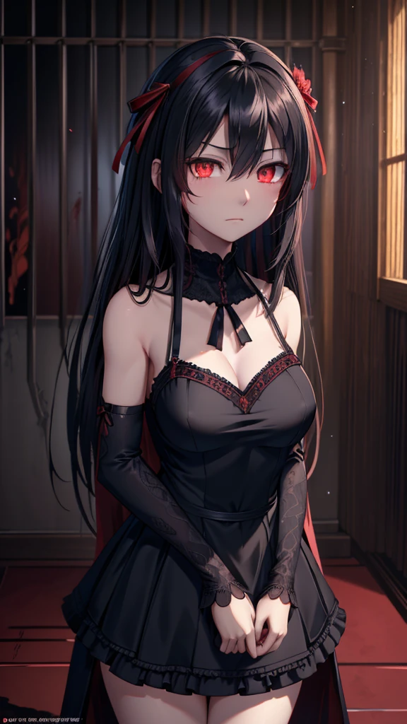 1  girl ,standing in blood sea, bloody body, character focus, (( eyes)) , serious face, black hair, long hair, ribbon , black dress, red eyes, glowing eyes ,high resolution,(incredibly absurdres), (hires.fix:1.3),anime visual,extremely detailed CG unity 8k wallpaper, ((masterpiece)), ((top-quality)), (beautiful illustration), ((an extremely delicate and beautiful))