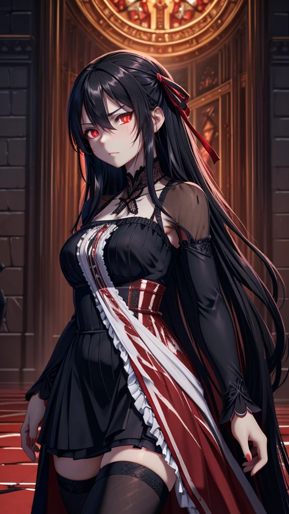 1 girl ,standing in blood sea, bloody body, character focus, ((rape eyes)) , serious face, black hair, long hair, ribbon , black dress, red eyes, glowing eyes ,high resolution,(incredibly absurdres), (hires.fix:1.3),anime visual,extremely detailed CG unity 8k wallpaper, ((masterpiece)), ((top-quality)), (beautiful illustration), ((an extremely delicate and beautiful))