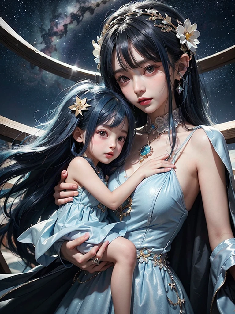 Ultra HD、A beautiful blue-haired character、Upper Body、幼児のようなBig eyes、Big eyes、Round eyes、Fortune teller with crystal、Holding the crystal in both hands、Red burning cheeks、Night scene with starry sky background、Wearing a gorgeous dress、Subtle details、A fantastic atmosphere、Anime style