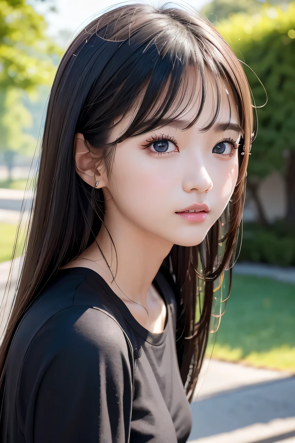 (In 8K, Raw photo:1.2)Detailed face and eyes,Best Quality, 超High resolution, Extremely detailed 、Fine details, High resolution, high quality、Perfect dynamic composition, Beautiful detailed eyes, Black Hair、long hair, Small breasts、Natural color lip、20 year old girl、1 person、Clear skin、Shiny Hair、Random facial expressionastepiece, Best Quality, Fine details, High resolution、The correct state of the human body,Hair flying in the wind、(Black T-shirt)、(Black long skirt)、clear、Elegant appearance、Elegant appearance